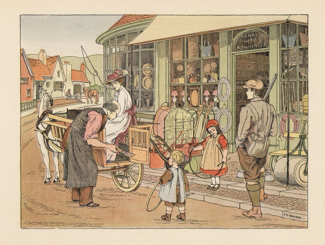 Familia victoriana en Henry Hoop, el ferretero del pueblo. Cromolitografía según una ilustración de Francis Donkin Bedford de The Book of Shops de Edward Verrall Lucas. de Francis Donkin Bedford