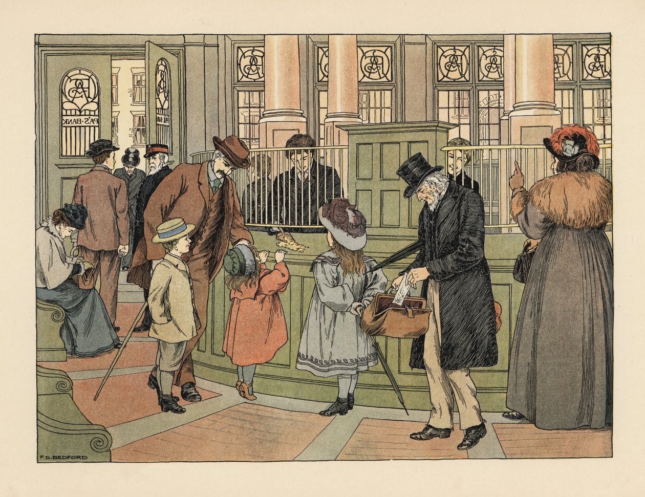 Familia victoriana en un banco retirando dinero de un cajero con fichas bancarias. Cromolitografía según una ilustración de Francis Donkin Bedford de The Book of Shops de Edward Verrall Lucas. de Francis Donkin Bedford