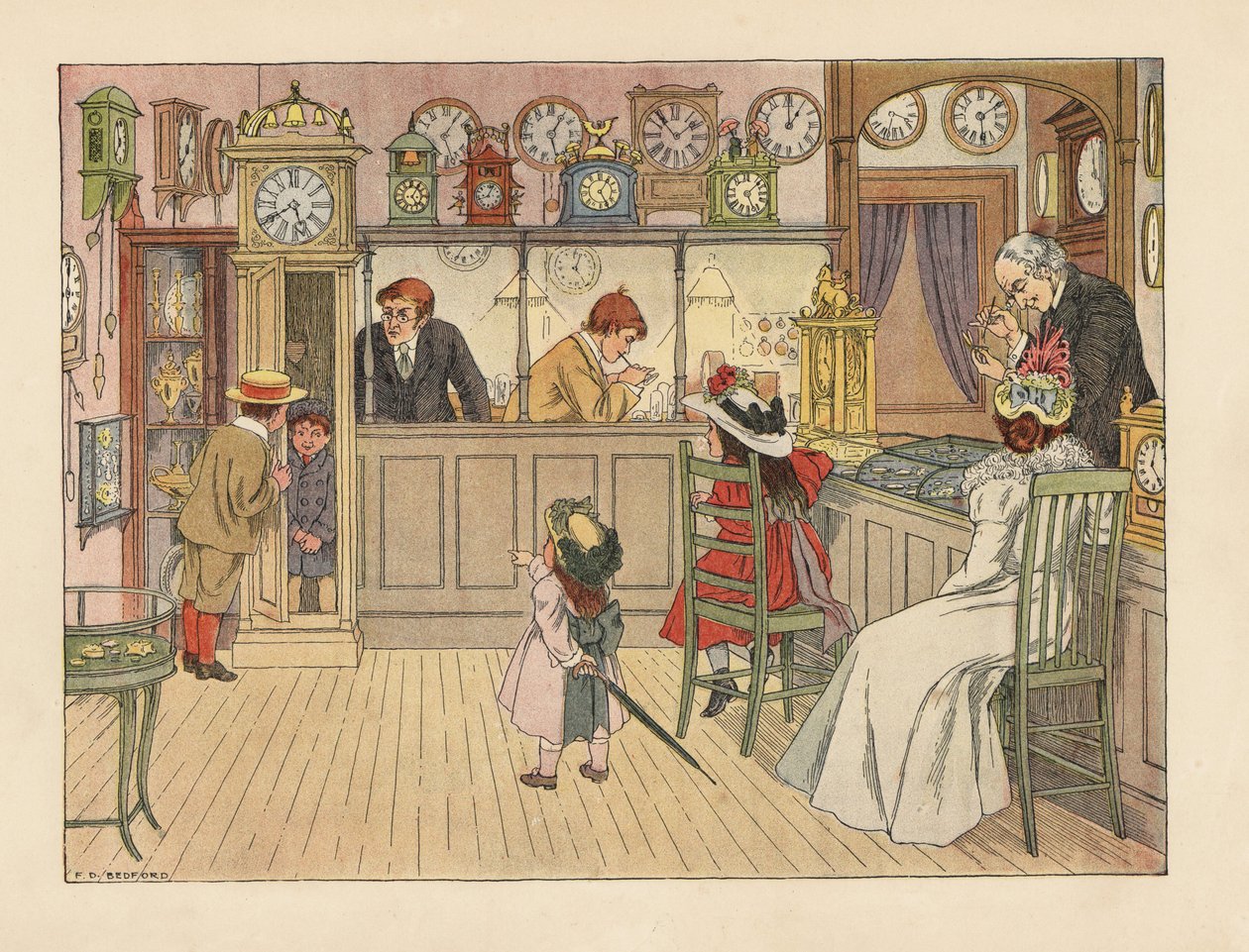 Familia victoriana en la relojería. Niños jugando en un reloj de pie, mientras un empleado arregla un reloj. Cromolitografía según una ilustración de Francis Donkin Bedford de The Book of Shops de Edward Verrall Lucas. de Francis Donkin Bedford