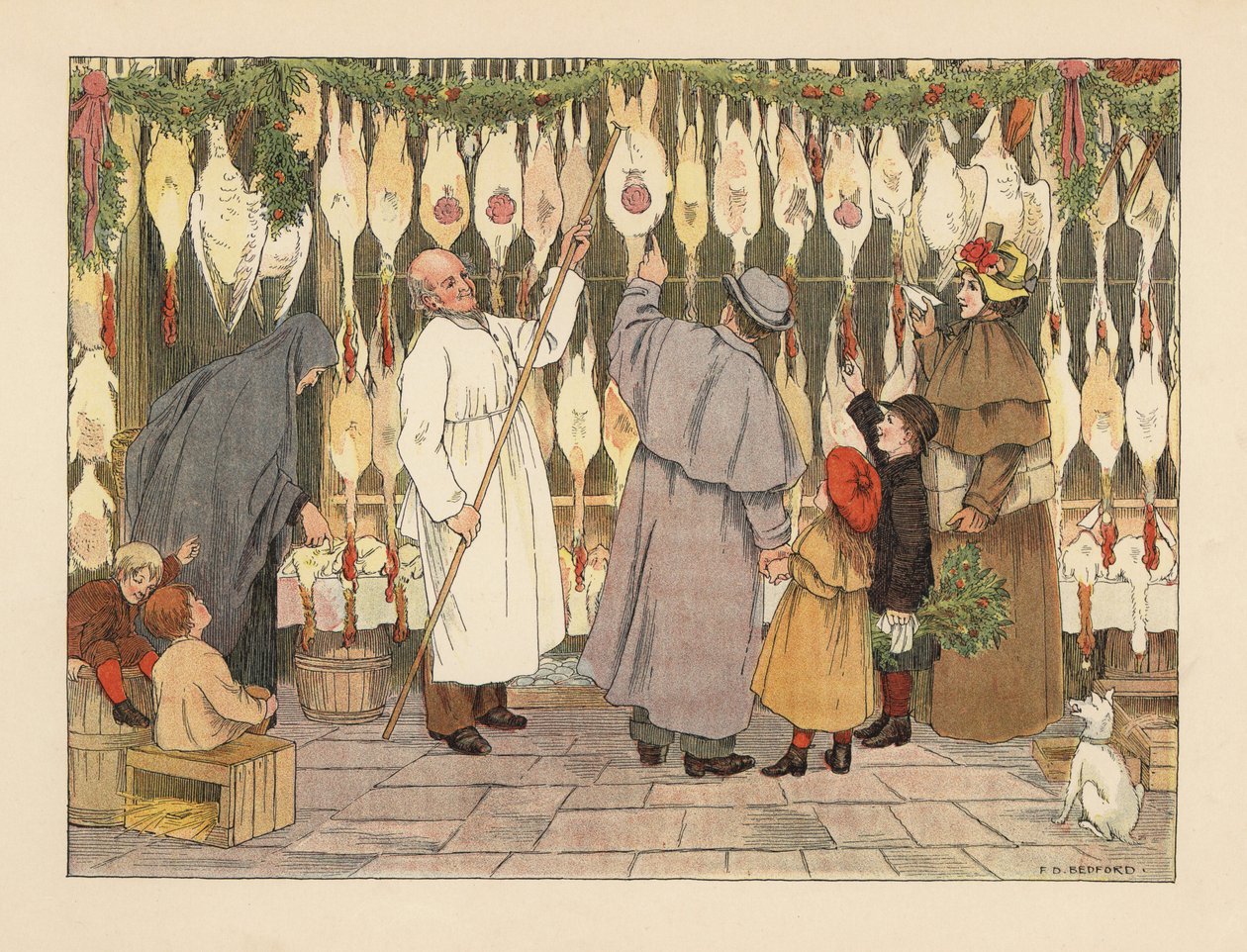 Familia victoriana escogiendo un pavo para Navidad en la pollería. Carnicero en bata con un gancho sacando un ave. Cromolitografía a partir de una ilustración de Francis Donkin Bedford de The Book of Shops de Edward Verrall Lucas. de Francis Donkin Bedford