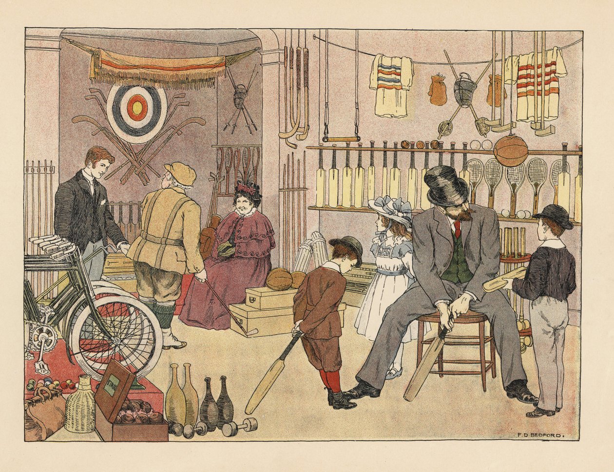 Un padre victoriano y sus hijos compran bates de cricket en una tienda de deportes. Jugador de golf con un dependiente. Cromolitografía según una ilustración de Francis Donkin Bedford de The Book of Shops de Edward Verrall Lucas. de Francis Donkin Bedford