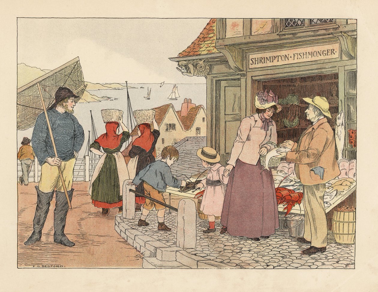 Pescadería victoriana cerca del paseo marítimo. Pescador con botas y red y pescaderas con zapatillas. Cromolitografía según una ilustración de Francis Donkin Bedford de The Book of Shops de Edward Verrall Lucas. de Francis Donkin Bedford