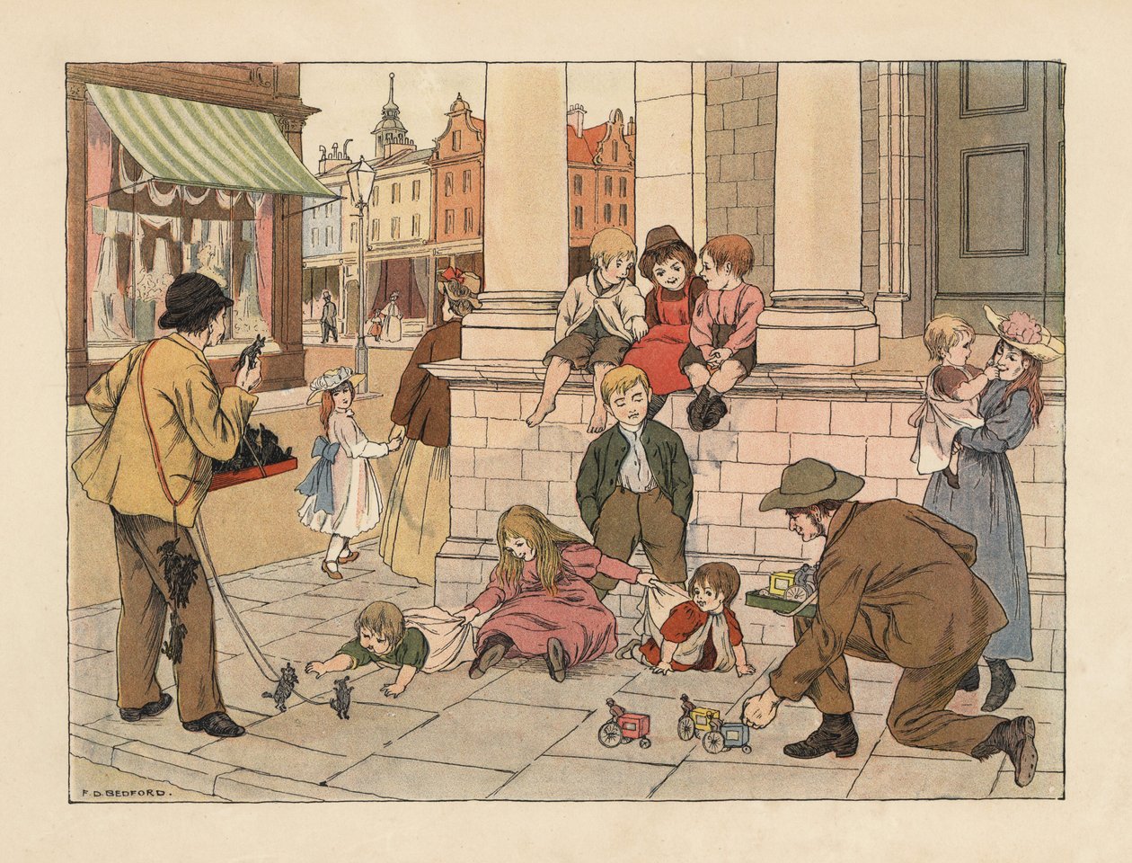 Comerciantes de bordillos victorianos vendiendo juguetes de un penique a los niños en una calle de Londres. Cromolitografía según una ilustración de Francis Donkin Bedford de The Book of Shops de Edward Verrall Lucas. de Francis Donkin Bedford