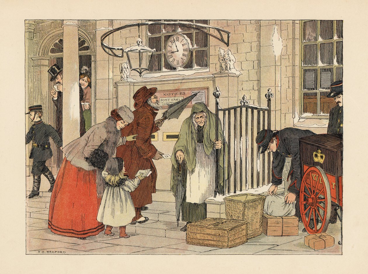 Gente victoriana enviando cartas cerca del día de Navidad en la Oficina de Correos. Cromolitografía según una ilustración de Francis Donkin Bedford de The Book of Shops de Edward Verrall Lucas. de Francis Donkin Bedford