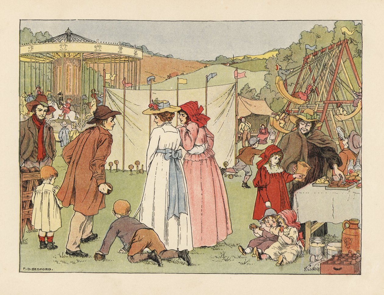 Jóvenes victorianos en un tímido coco, niños en columpios y carrusel en una feria de pueblo. Cromolitografía según una ilustración de Francis Donkin Bedford de The Book of Shops de Edward Verrall Lucas. de Francis Donkin Bedford