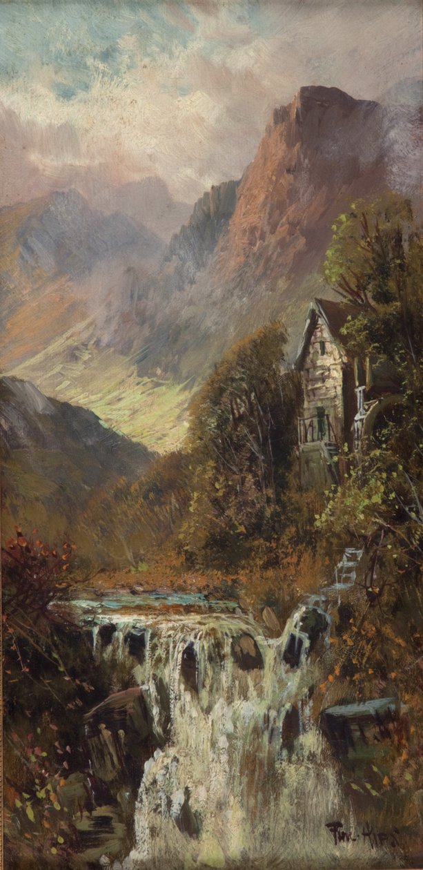 Molino, cascada y montaña, Bodhyfryd (óleo sobre tabla) de Francis E. Jamieson