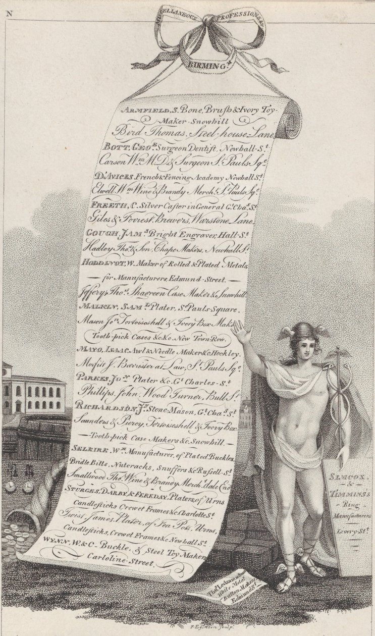 Tarjeta comercial para profesiones diversas, Birmingham, 1800 de Francis Eginton