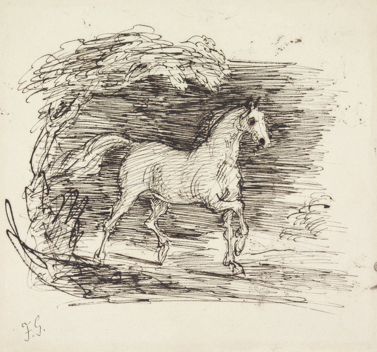 Un caballo gris trotando fuera de un bosque de Francis Grant