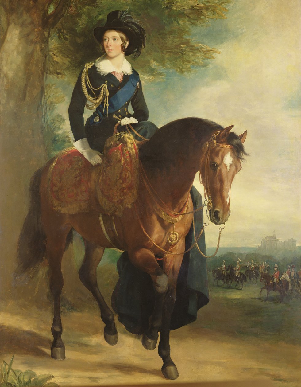 Retrato de la reina Victoria a caballo, con el castillo de Windsor, el duque de Wellington y la brigada doméstica al fondo de Francis Grant