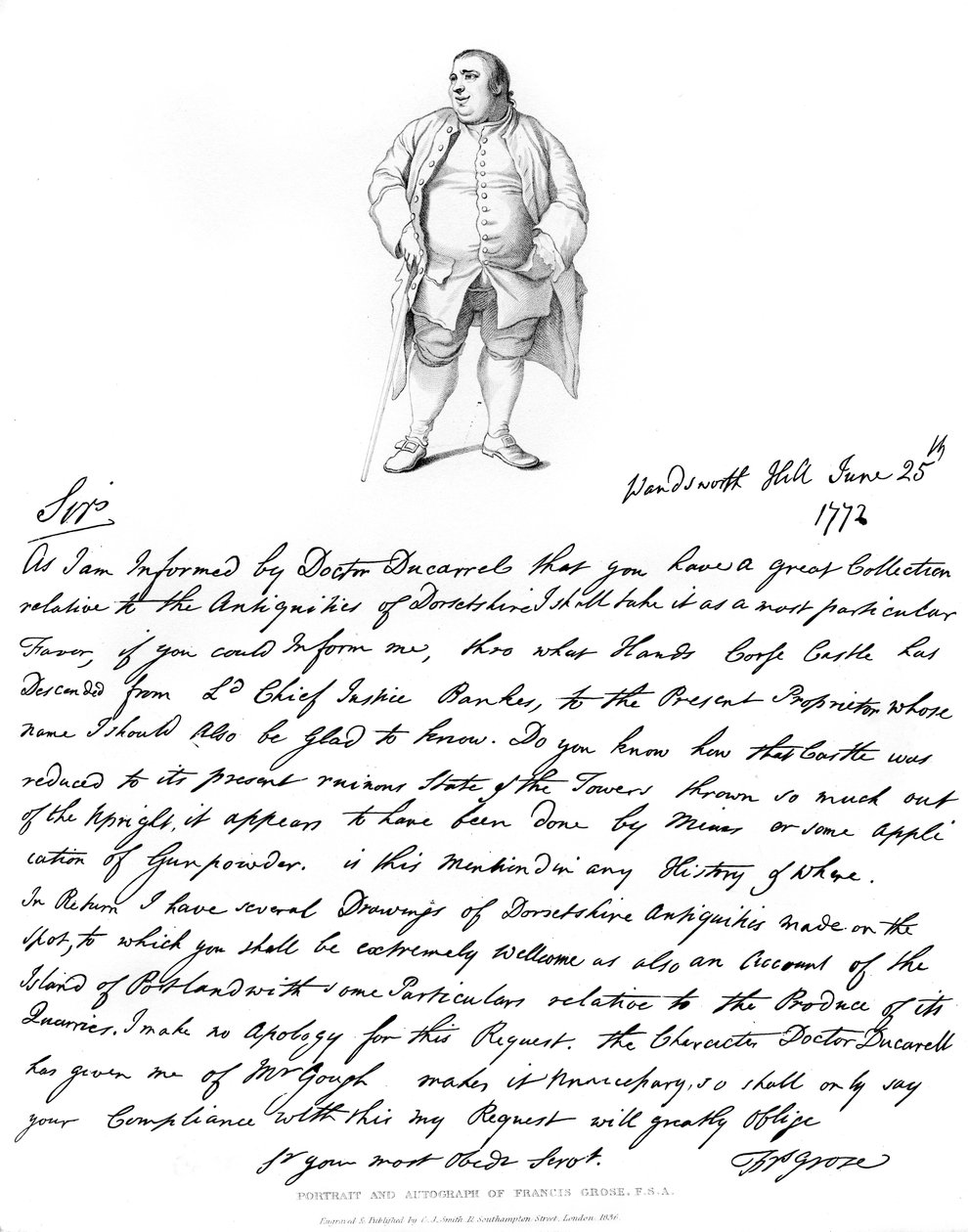 Una carta y retrato de Francis Grose, 1772, 1840 de Francis Grose