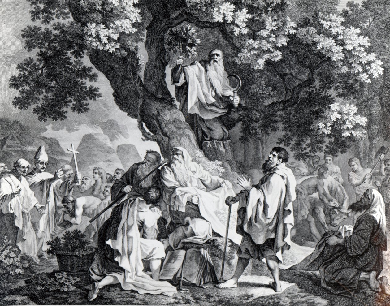 Los druidas, o la conversión de los britanos al cristianismo, grabado por Simon Francois Ravenet, impreso en 1778 de Francis Hayman