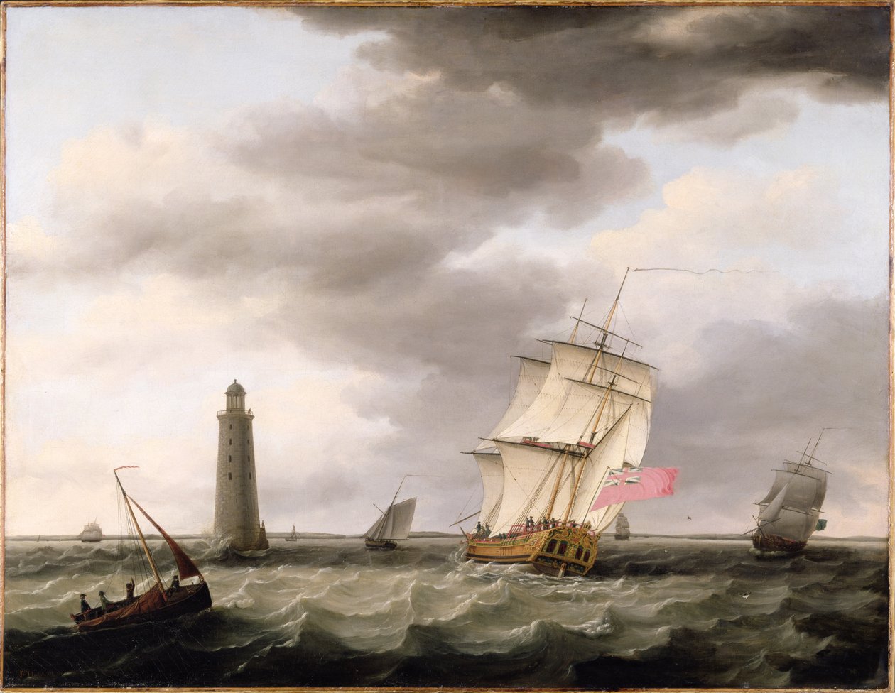 Un barco de guerra pasando el Faro de Eddystone, c.1773 de Francis Holman