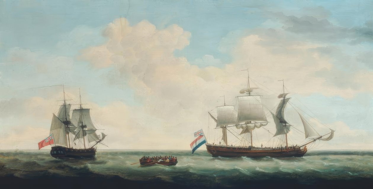 Un bergantín de tres mástiles y una fragata en mar abierto de Francis Holman