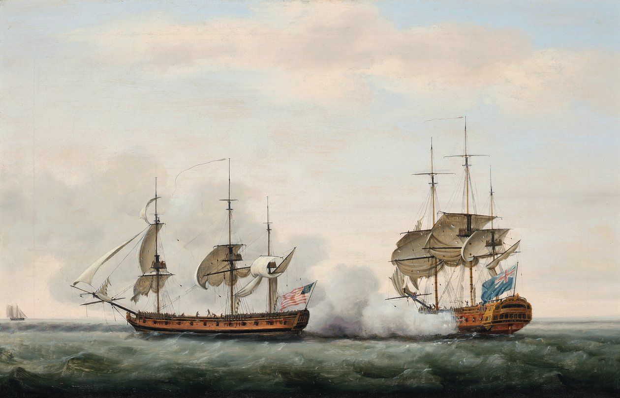 El barco de la Compañía de las Indias Orientales Bridgewater defendiendo con éxito su carga de un ataque del corsario americano Hampden en su camino de St. Helena a Inglaterra el 8 de marzo de 1779 de Francis Holman
