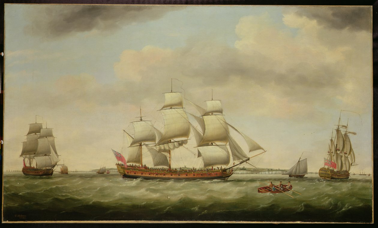 El "General Coote" de las Indias Orientales en tres posiciones frente a la costa de Francis Holman