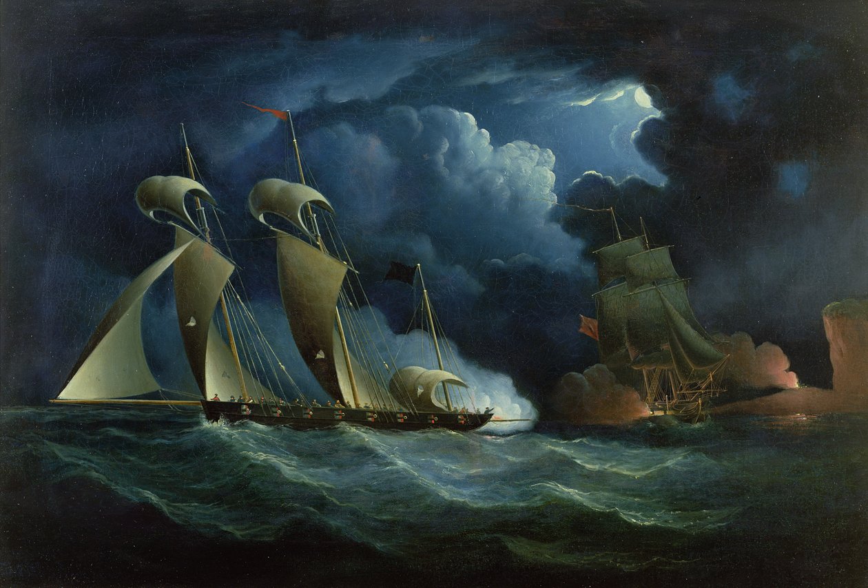 Un bergantín de aduanas enfrentándose al pirata Lugger Will Watch de Francis Hustwick