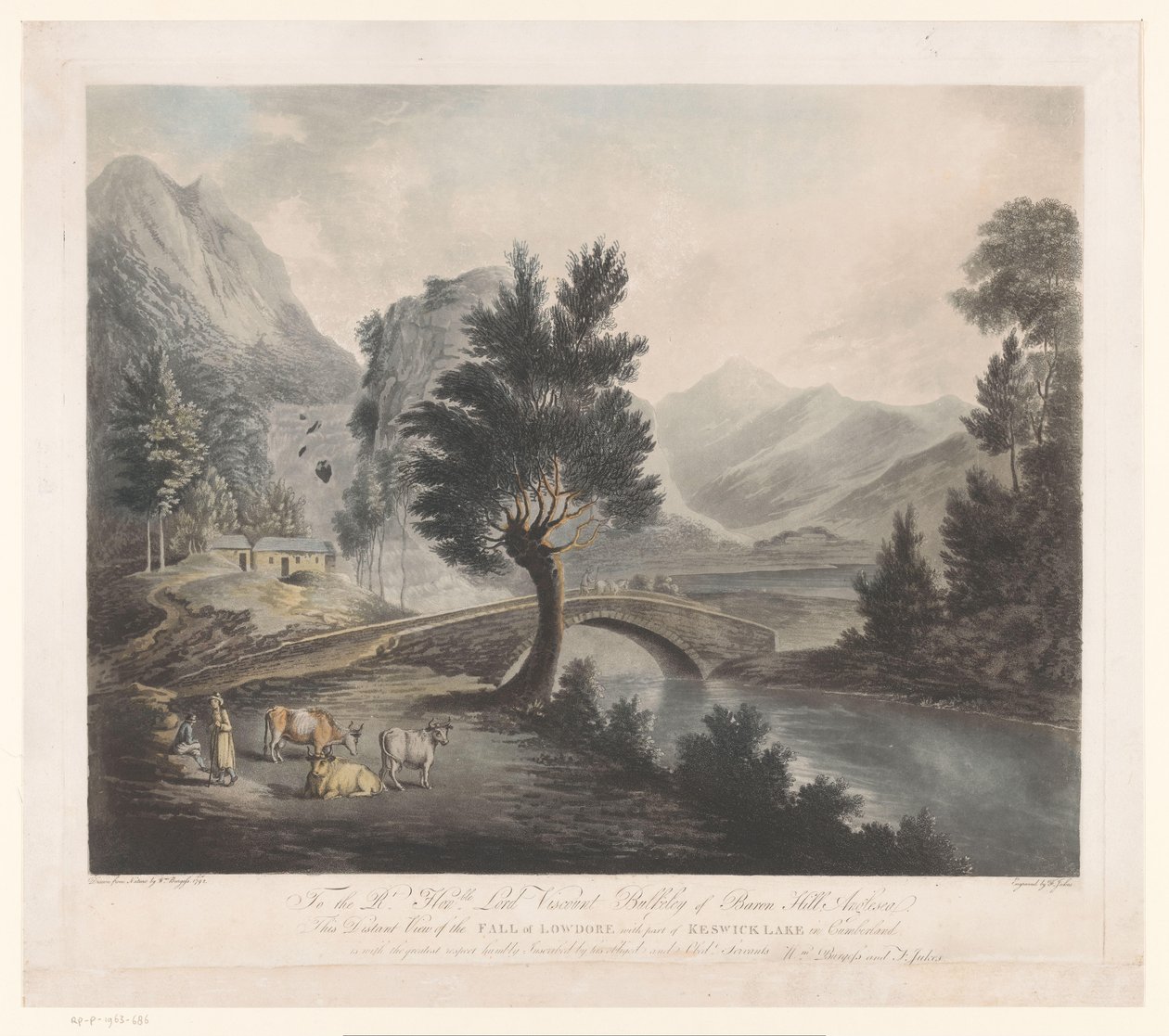 Gezicht op het meer Keswick met de Lodore-watervallen
Vista lejana de la cascada de Lowdore con parte del lago de Keswick en Cumberland (título en el objeto) de Francis Jukes
