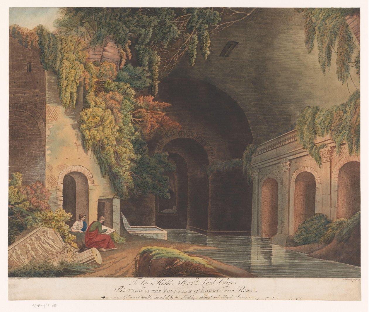 Dos artistas en el Ninfeo de Egeria en el Parque Caffarella cerca de Roma Vista de la Fuente de Egeria cerca de Roma (título sobre objeto) de Francis Jukes