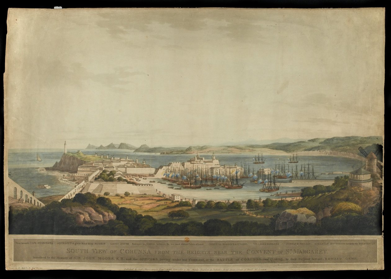 Vista sur de Corunna desde las alturas cerca del Convento de Santa Margarita, grabado por H. Merke, publicado en 1809 de Francis Lee