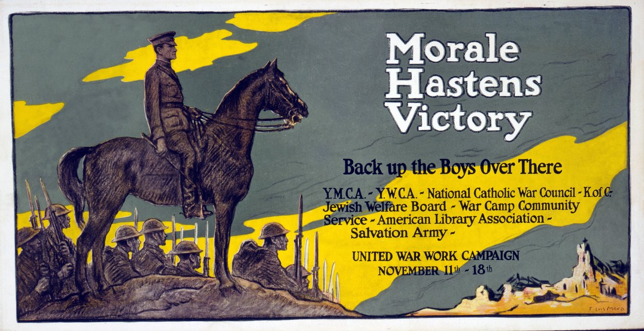 La moral acelera la victoria - Apoya a los chicos allá, Campaña de Trabajo de Guerra Unida, 11-18 de noviembre, pub. 1918 de Francis Luis Mora