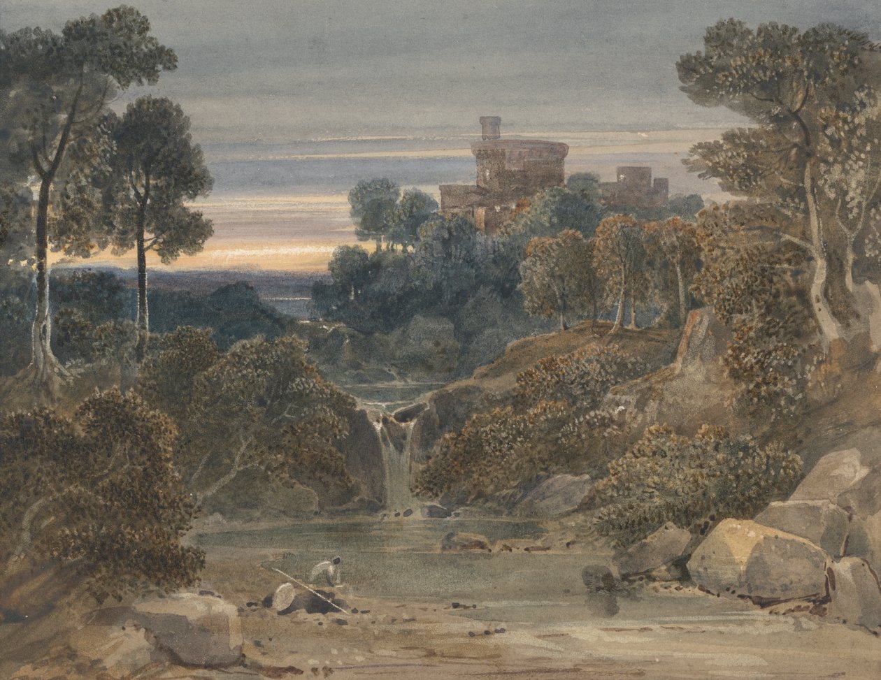 Paisaje con castillo, cascada y arroyo en primer plano de Francis Oliver Finch