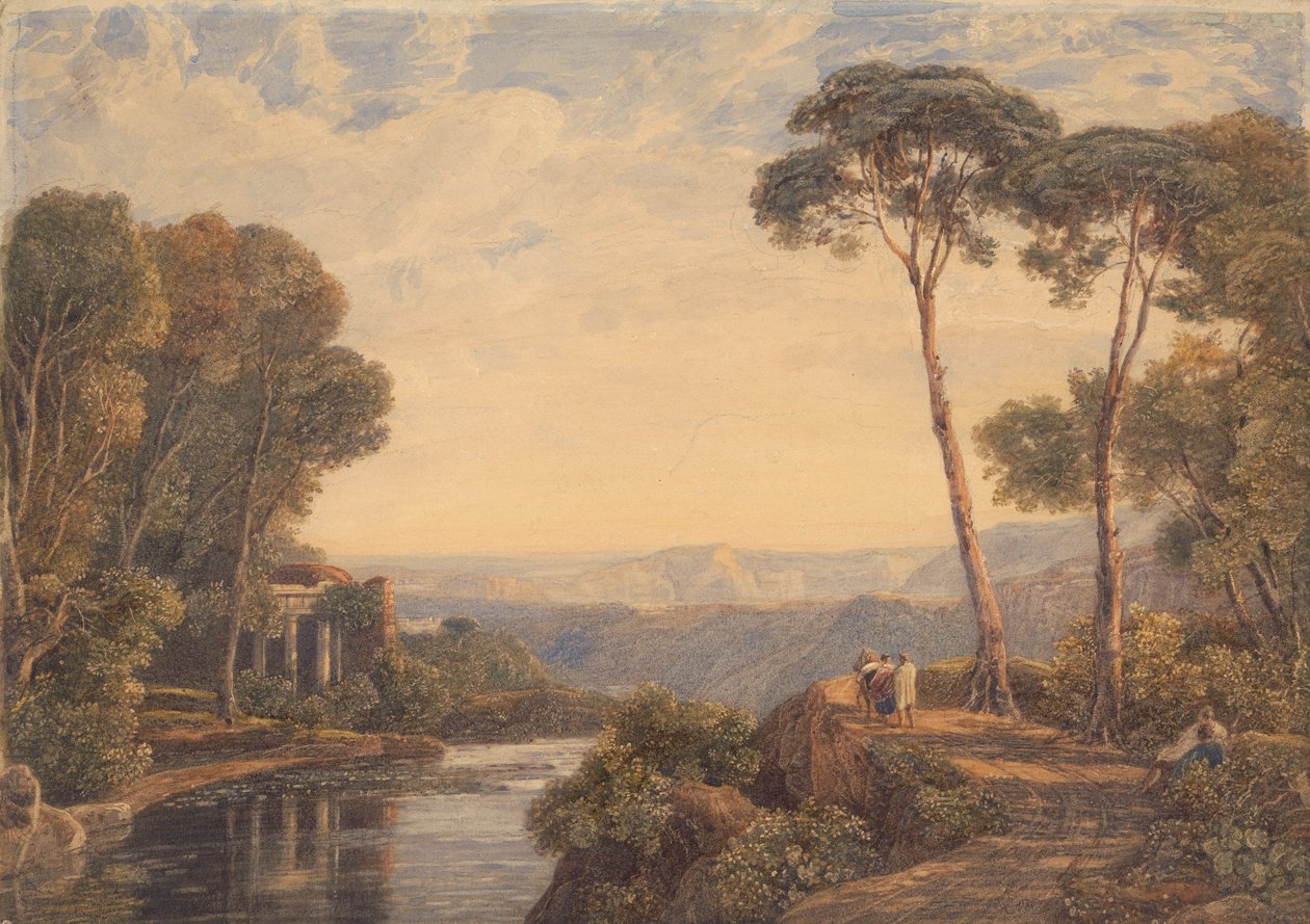 Paisaje con un templo y figuras junto a un río de Francis Oliver Finch