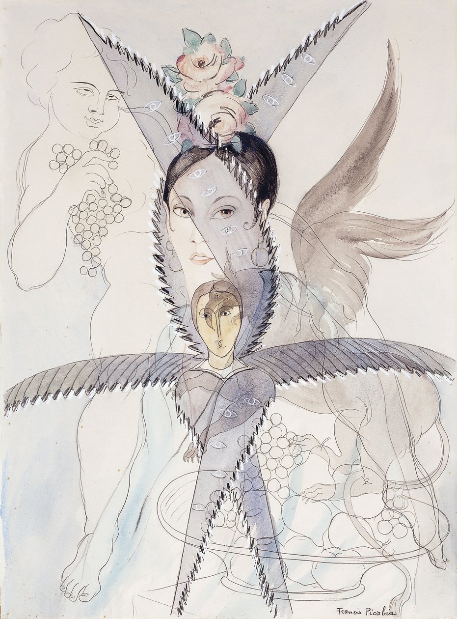 Transparence - Head and Winged Horse; Transparence - Tete et Cheval Aile, c.1928 (acuarela, gouache, tiza negra y lápiz sobre papel) de Francis Picabia