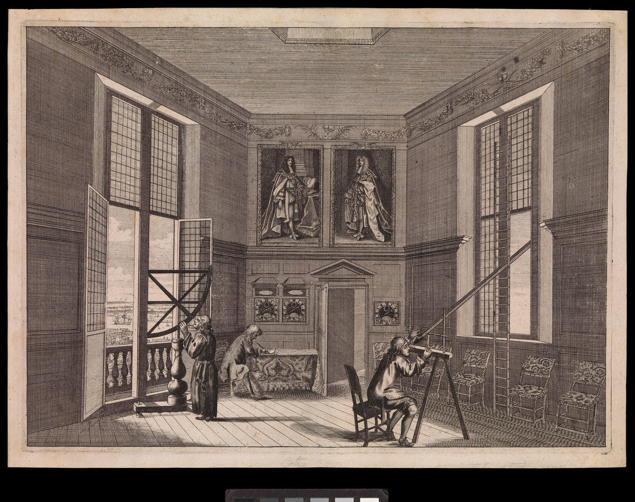Tres figuras utilizando equipos astronómicos en la Gran Sala de las Estrellas o Sala Octogonal, como se conoce hoy en día, en el Real Observatorio., c.1676 (grabado) de Francis Place