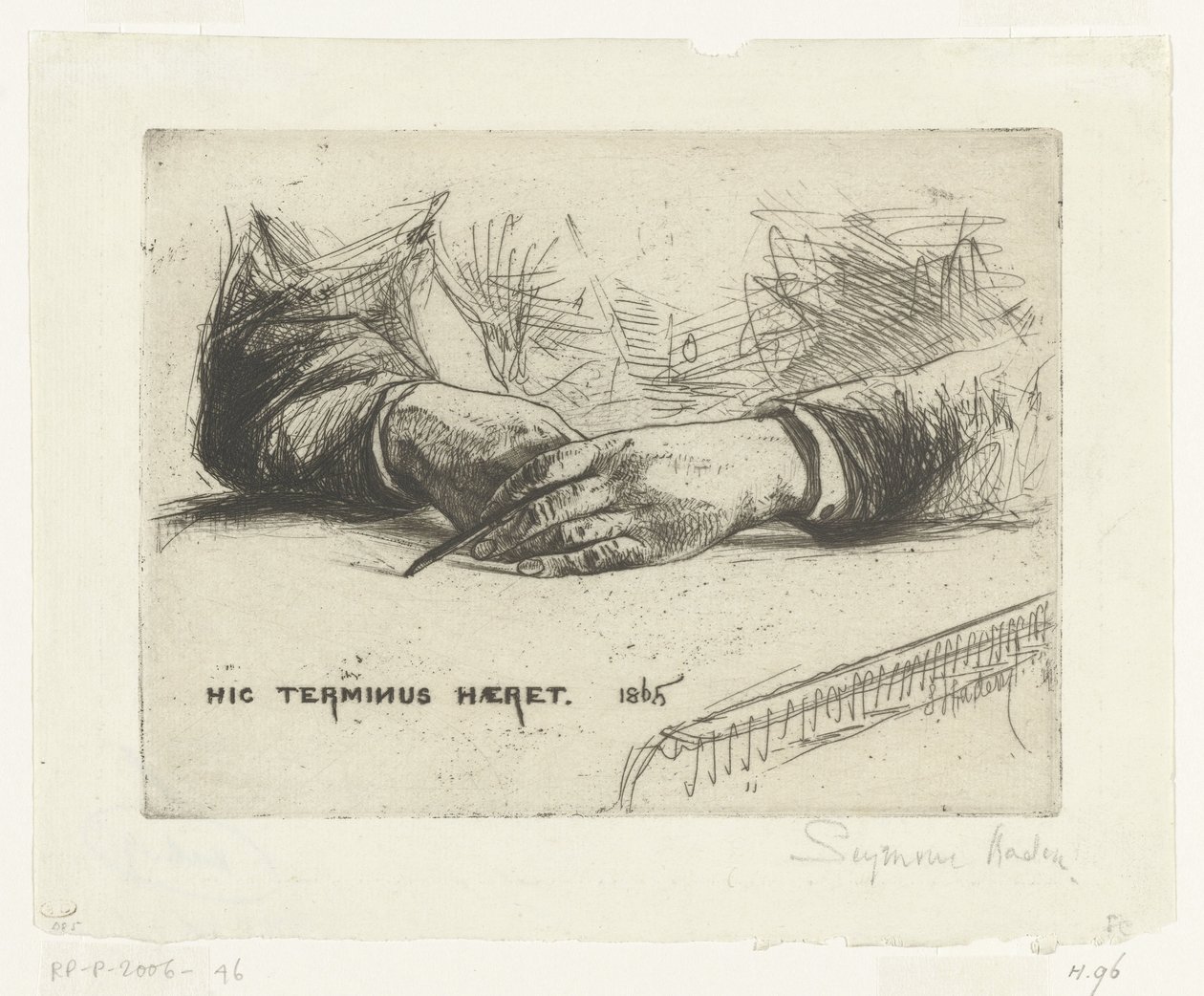 Dos manos, dibujando con tiza Manos sosteniendo un crayón Hic Terminus Haeret (título sobre objeto) de Francis Seymour Haden (Sir) (signed by artist)