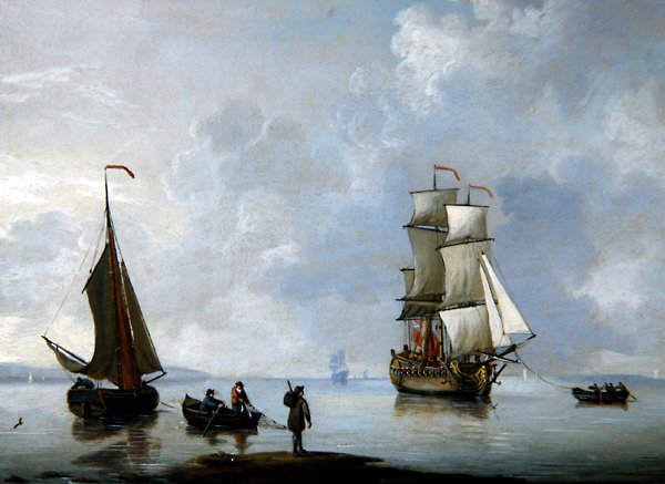 Un barco de guerra británico siendo remolcado a ancla de Francis Swaine