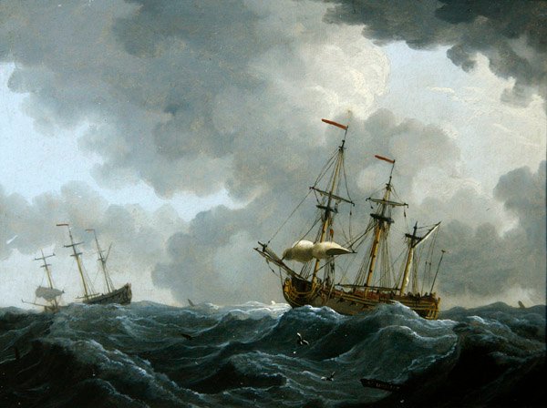 Una marina: dos fragatas en una tormenta de Francis Swaine
