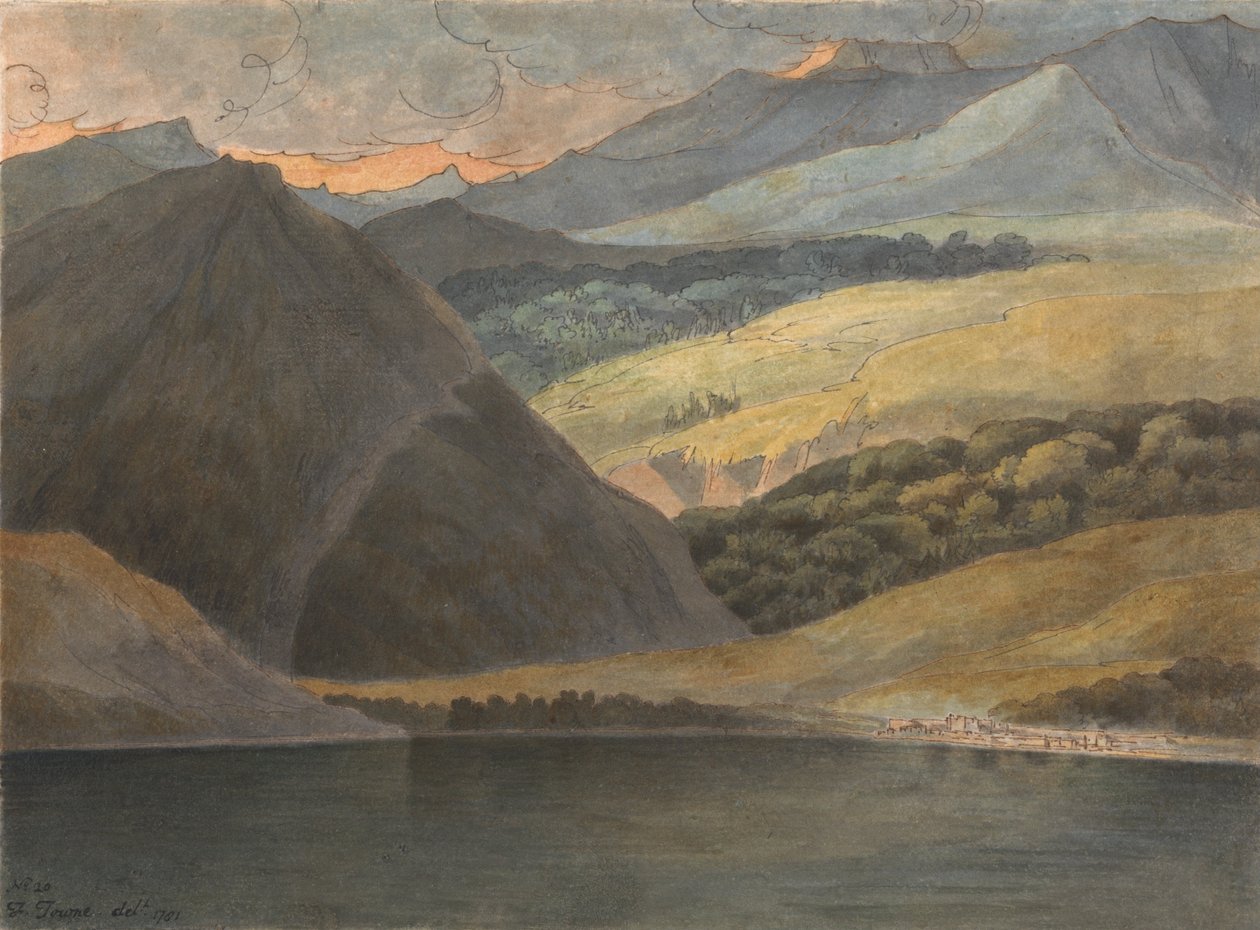 Vista del lago Mayor al atardecer de Francis Towne