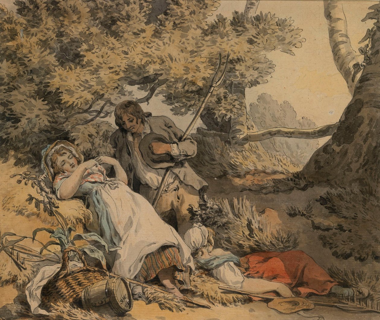 Un pastor y dos pastoras descansando a la sombra de Francis Wheatley