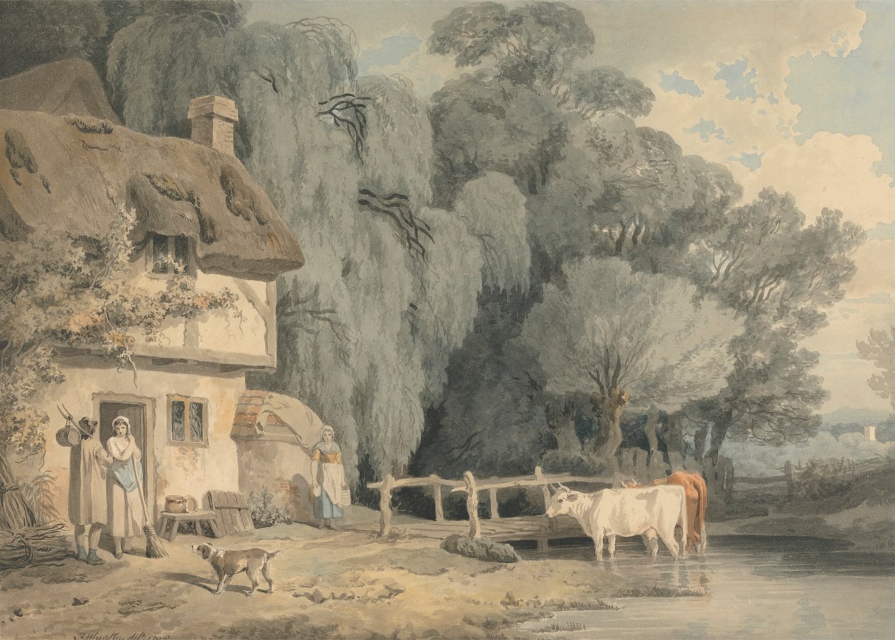 Escena campestre: Figuras junto a la puerta de una cabaña y ganado en un arroyo de Francis Wheatley