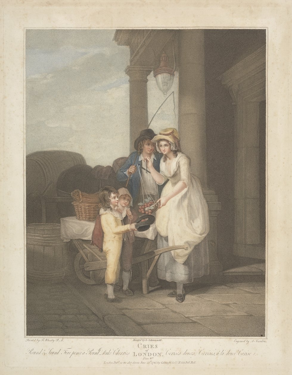 Gritos de Londres: Redondas y Sonoras, Cinco Peniques la Libra, Cerezas del Duque, grabado por Anthony Cardon de Francis after Wheatley