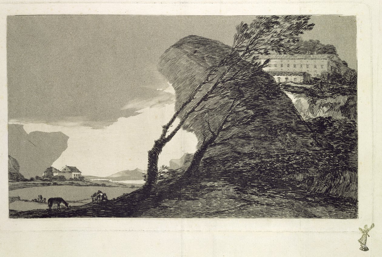 Paisaje con Grandes Rocas, Edificios y Árboles, antes de 1810 de Francisco de Goya