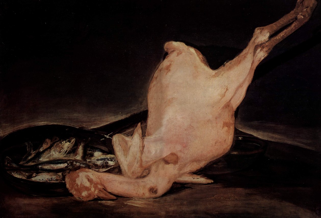 Naturaleza muerta, pavo desplumado y sartén con peces de Francisco de Goya