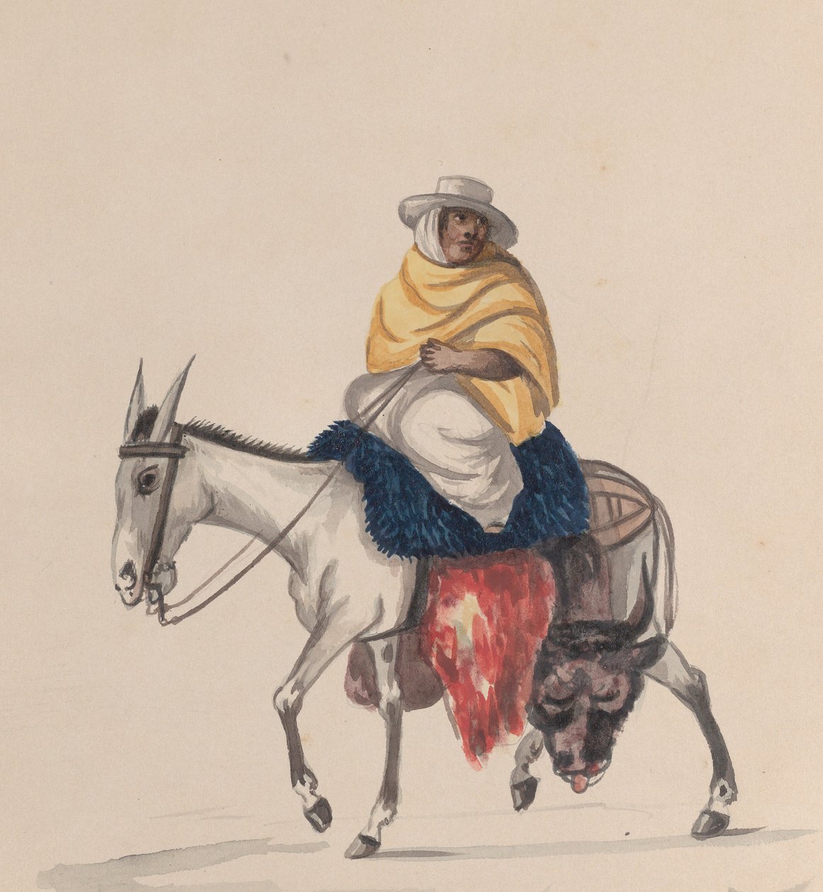 Un carnicero montando un burro, de un grupo de dibujos que representan el traje peruano, ca. 1848 de Francisco