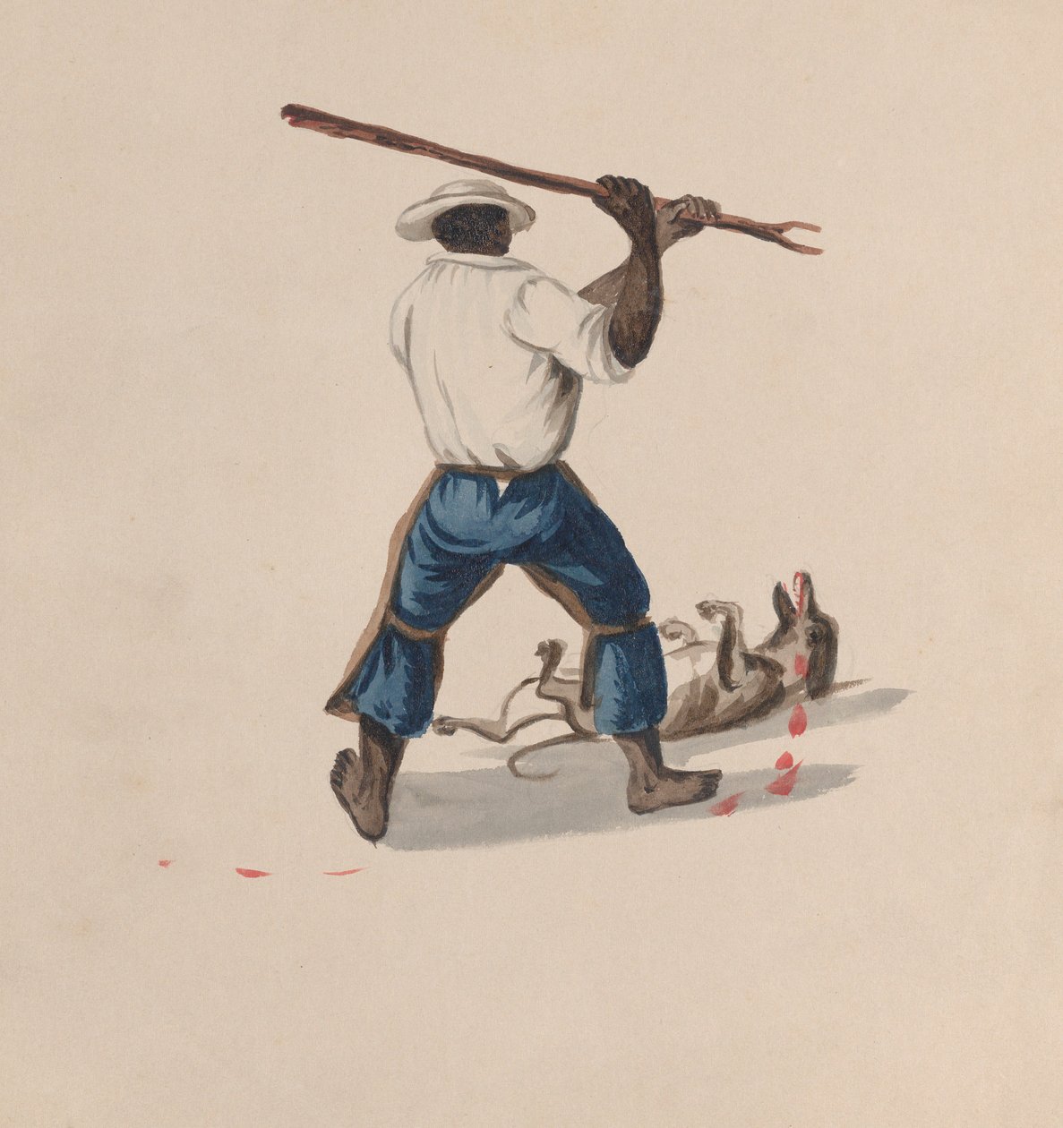 Un hombre visto desde atrás golpeando a un perro con un palo, de un grupo de dibujos que representan... de Francisco