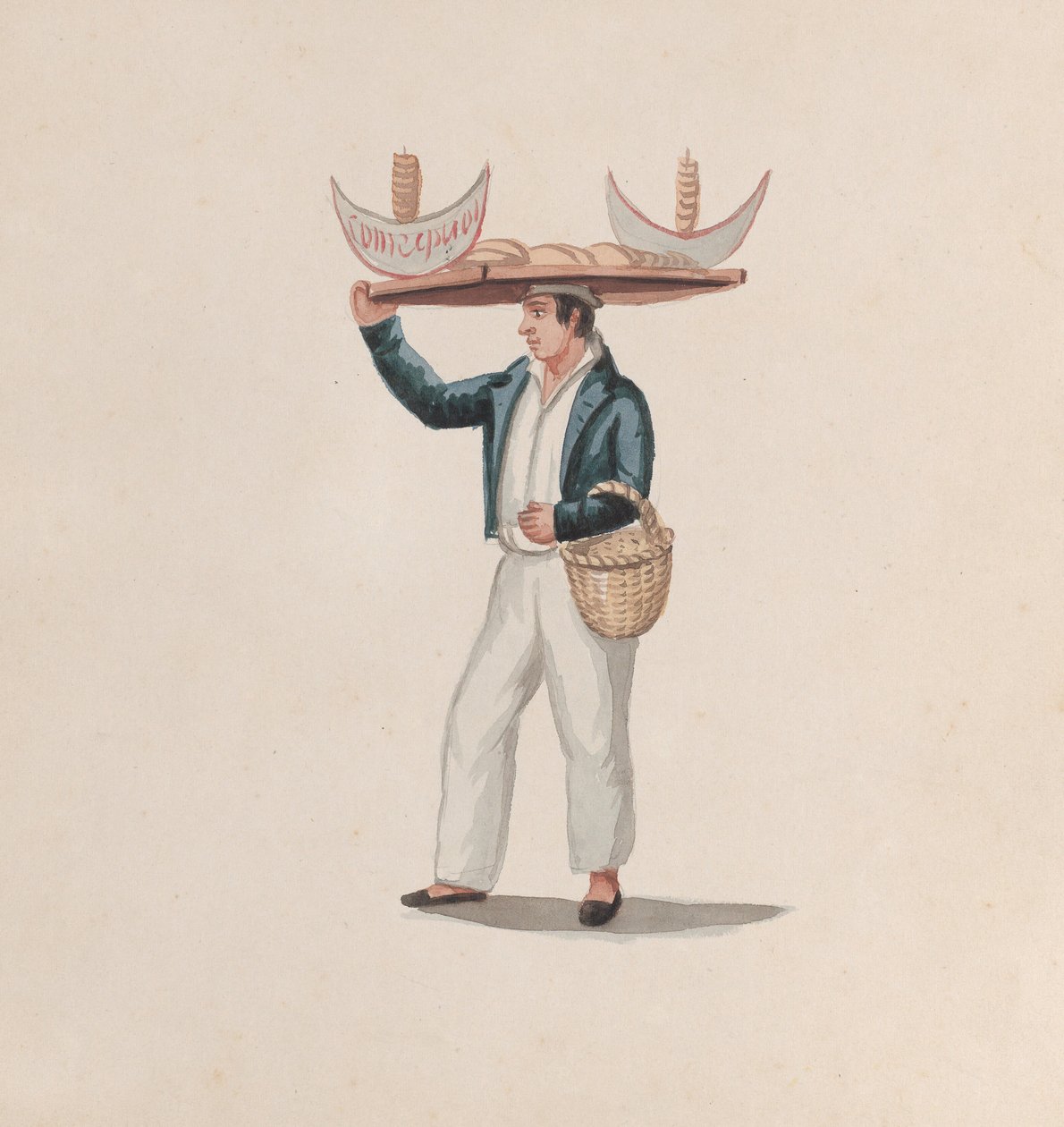 Un vendedor de tortillas equilibrando una bandeja en su cabeza, de un grupo de dibujos que representan a peruanos..., ca. de Francisco