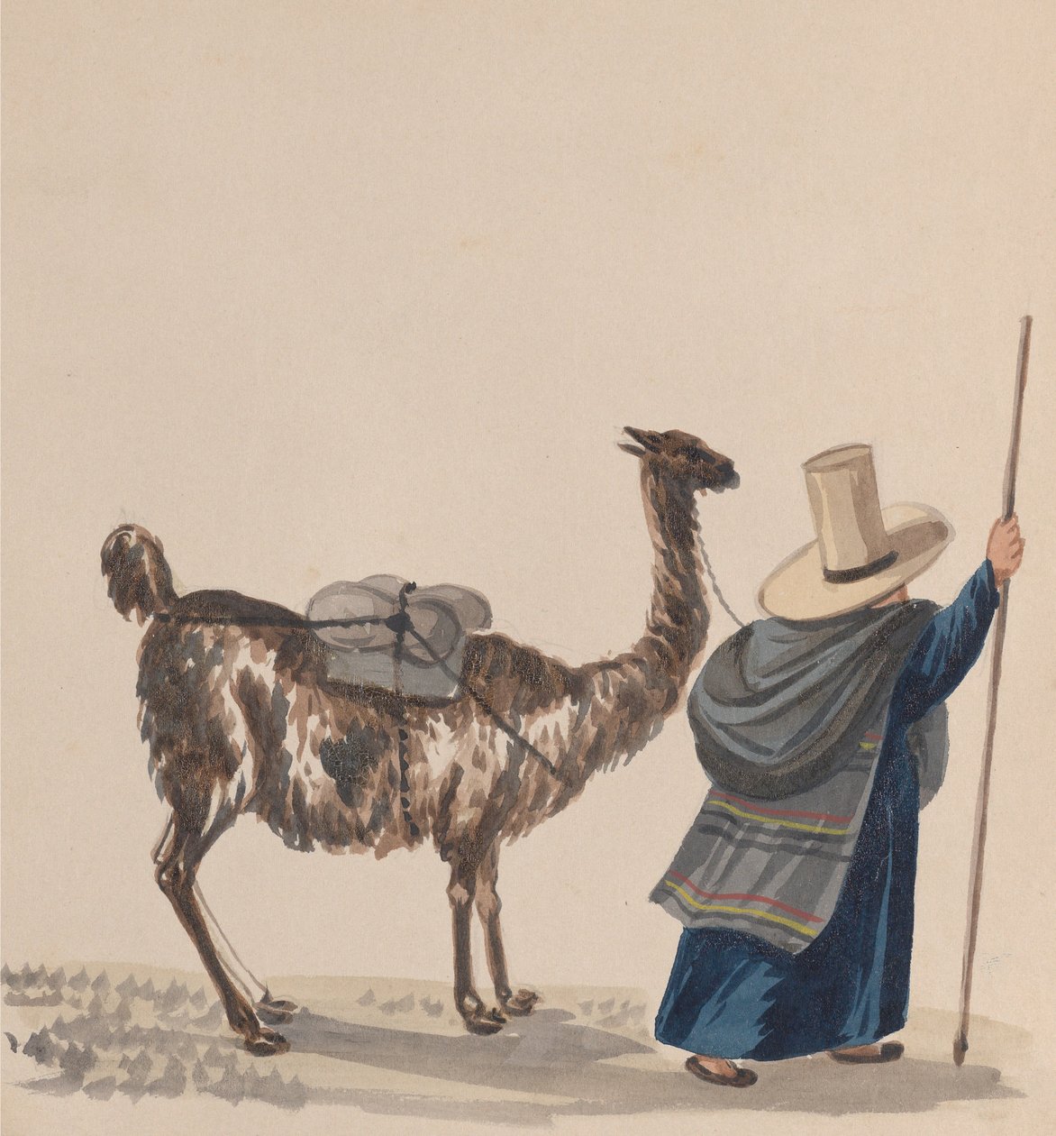Una mujer caminando con una llama, de un grupo de dibujos que representan el traje peruano, ca. 1848 de Francisco