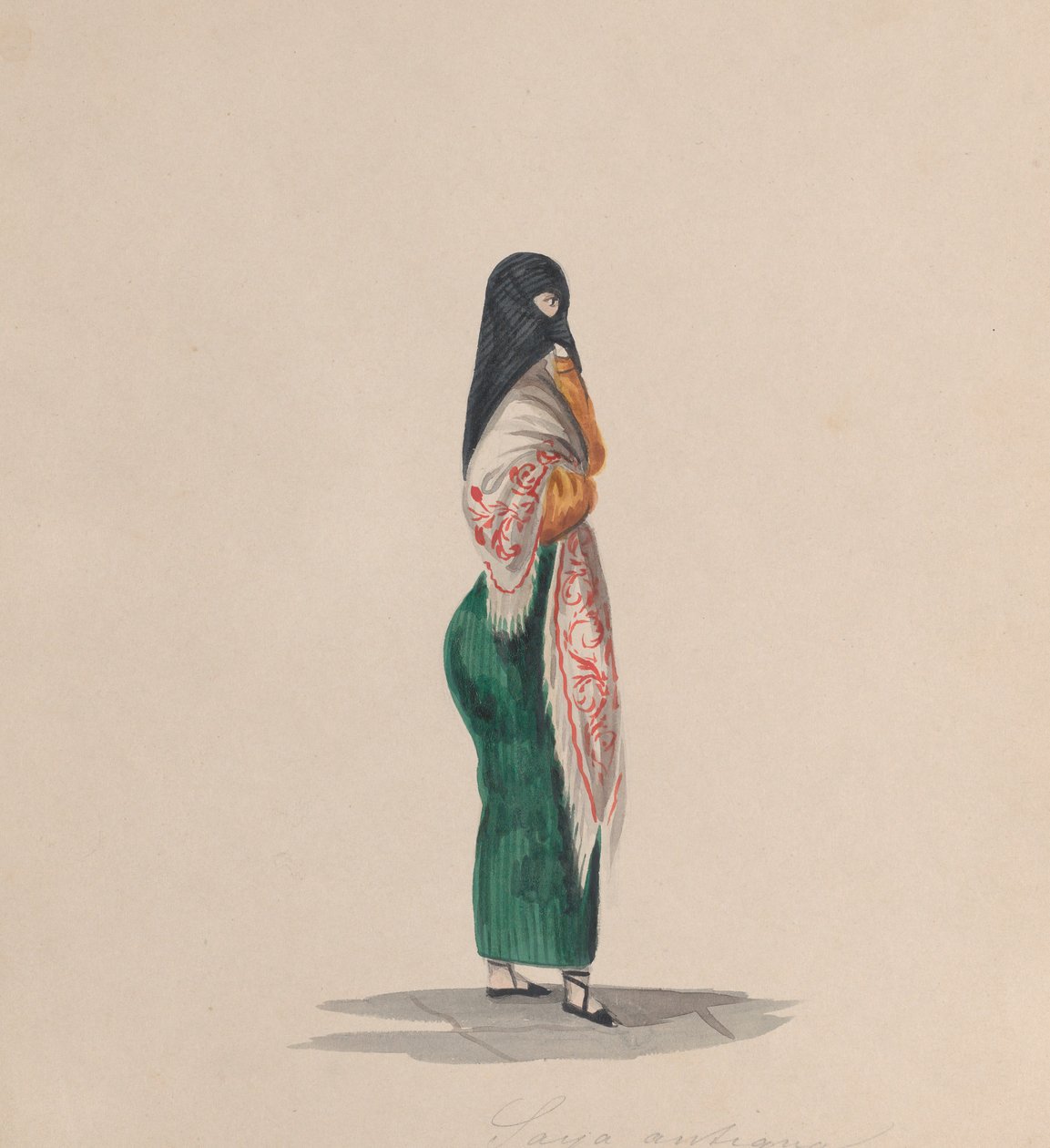 Una mujer con saya de perfil, de un grupo de dibujos que representan a peruanos de Francisco