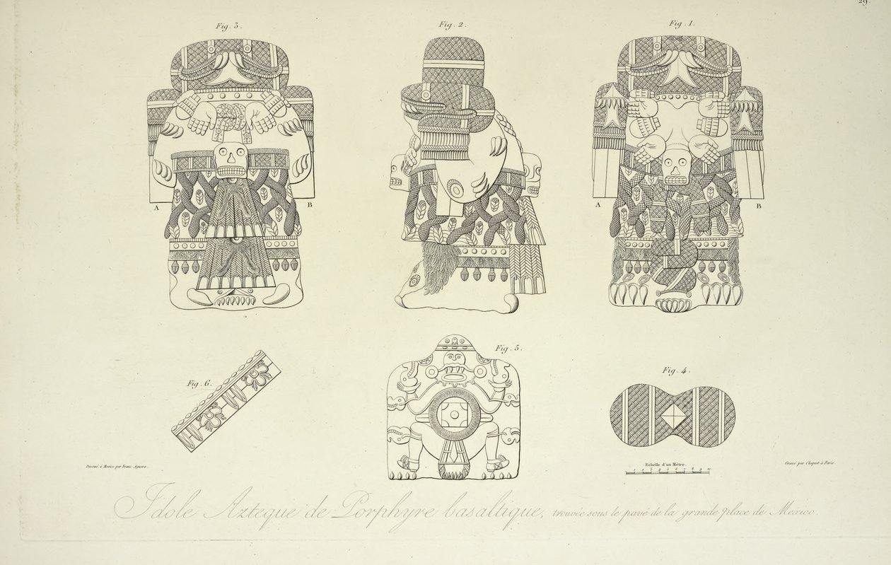 Ídolo azteca de pórfido basáltico, encontrado bajo la Gran Plaza de la Ciudad de México, grabado por Cloquet, ilustración de 