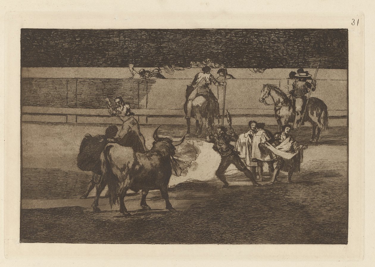 Banderillas de fuego (Banderillas with Firecrackers), Plate 31 from La tauromaquia de Francisco de Goya