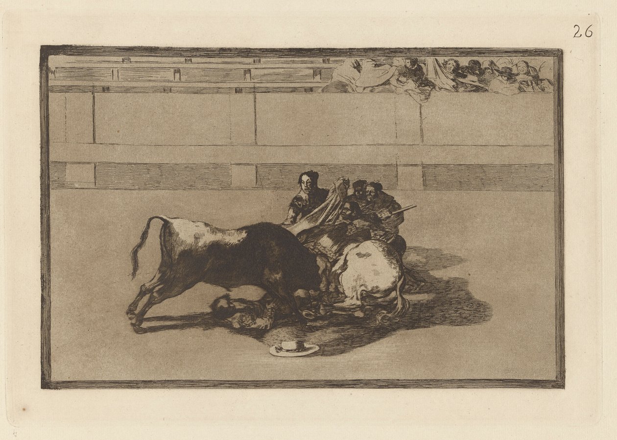 Caida de un picador de su caballo debajo del toro (A Picador is Unhorsed and Falls Under the Bull), Plate 26 from La tauromaquia de Francisco de Goya