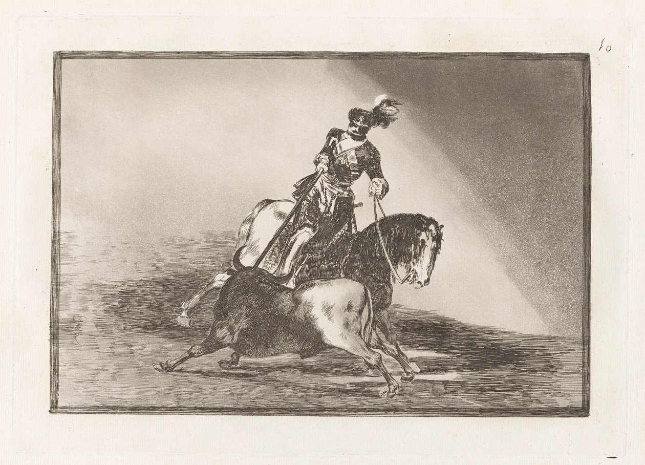 Carlos V. lanceando un toro en la plaza de Valladolid (Charles V Spearing a Bull in the Ring at Valladolid), Plate 10 from La tauromaquia de Francisco de Goya