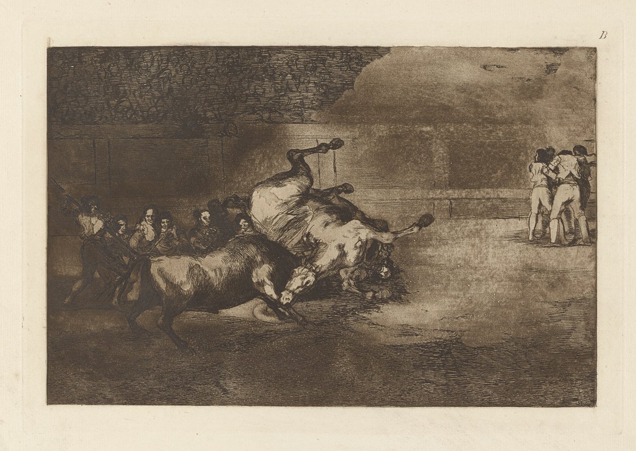 Caballo tirado por un toro, Lámina B de La tauromaquia (tercera edición) de Francisco de Goya