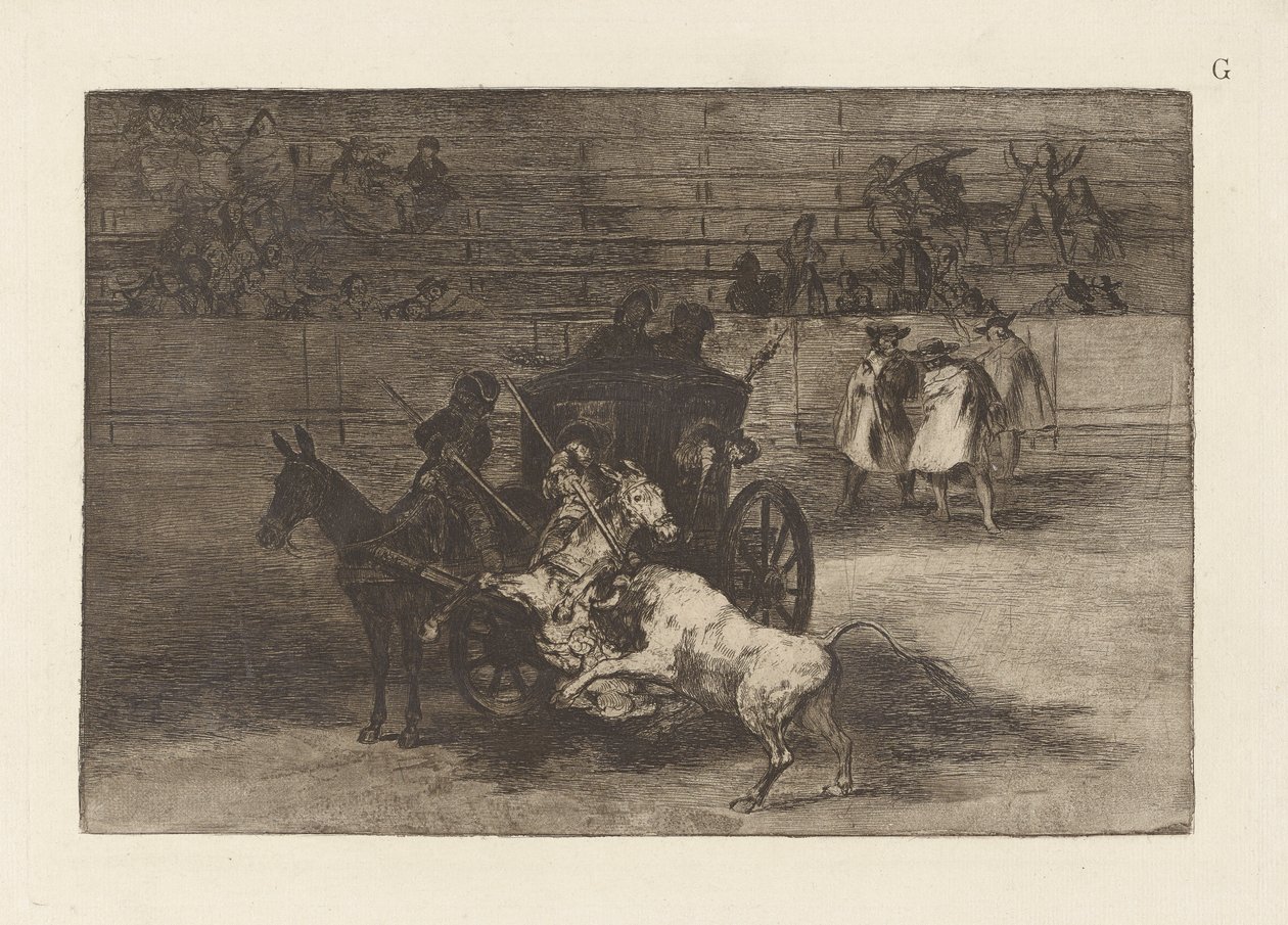 Pelea en Carro Enganchado a Dos Mulos, Lámina G de La tauromaquia (tercera edición) de Francisco de Goya