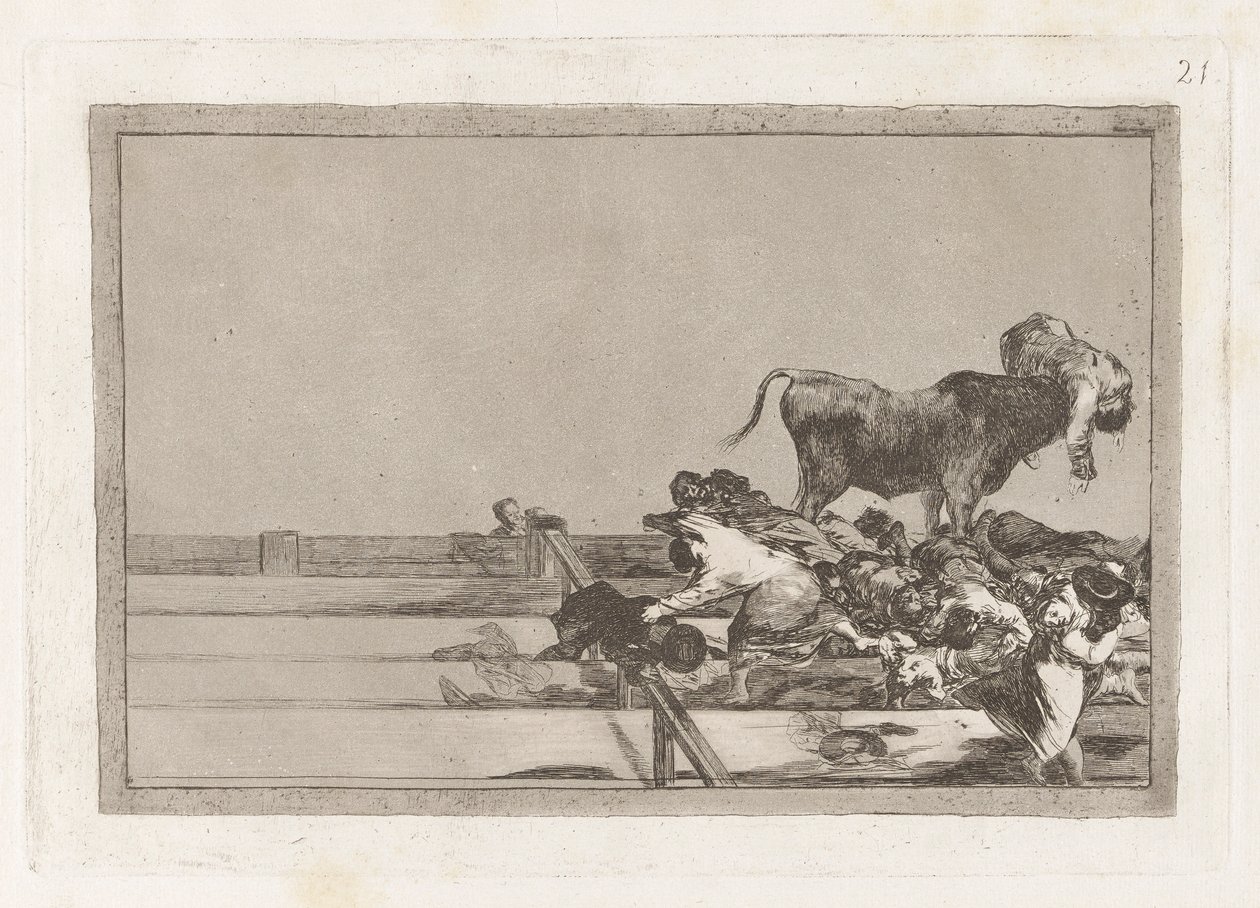 Desgracias acaecidas en el tendido de la plaza de Madrid, y muerte del alcalde de Torrejon (Dreadful Events in the Front Rows of the Ring at Madrid and Death of the Mayor of Torrejon), Plate 21 from La tauromaquia de Francisco de Goya