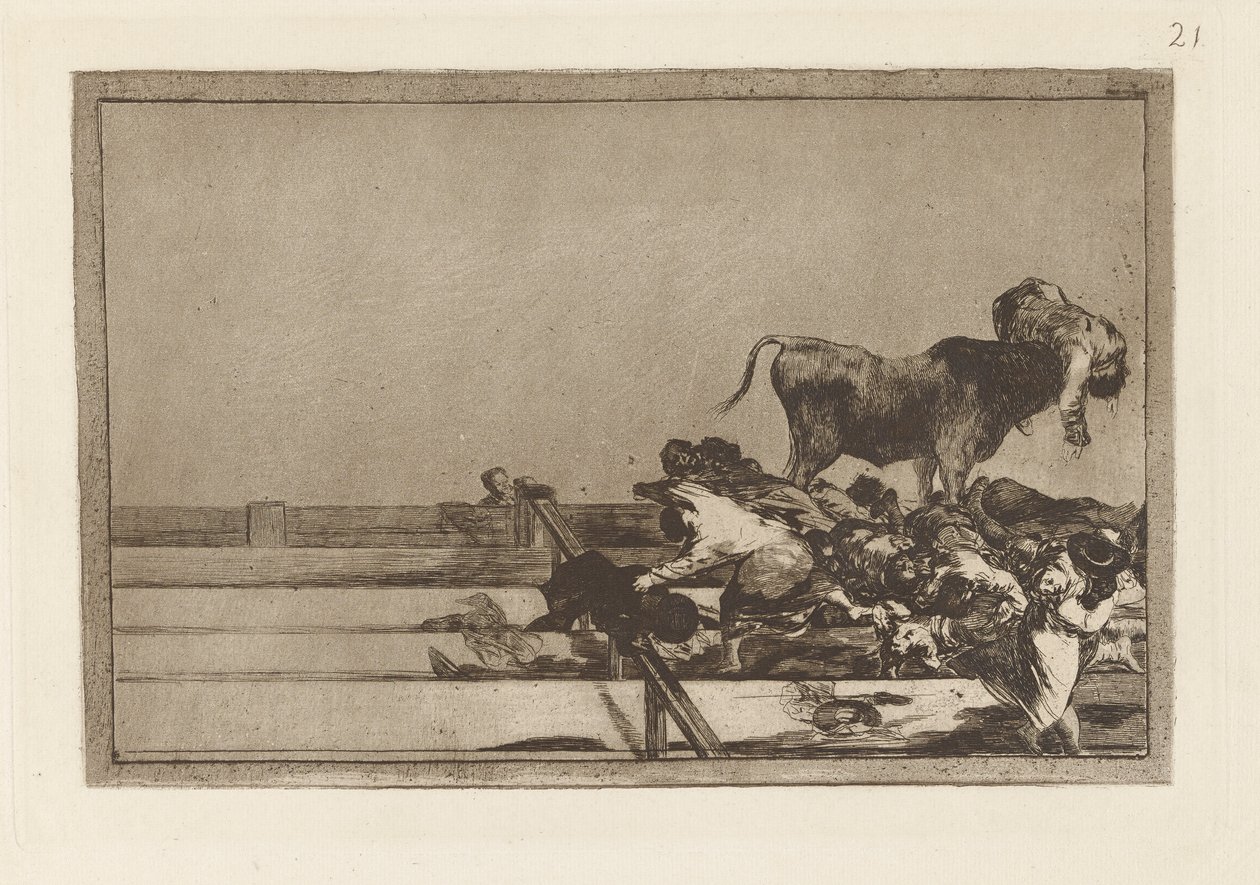 Desgracias acaecidas en el tendido de la plaza de Madrid, y muerte del alcalde de Torrej?n (Dreadful Events in the Front Rows of the Ring at Madrid and Death of the Mayor of Torrej?n), Plate 21 from La tauromaquia de Francisco de Goya